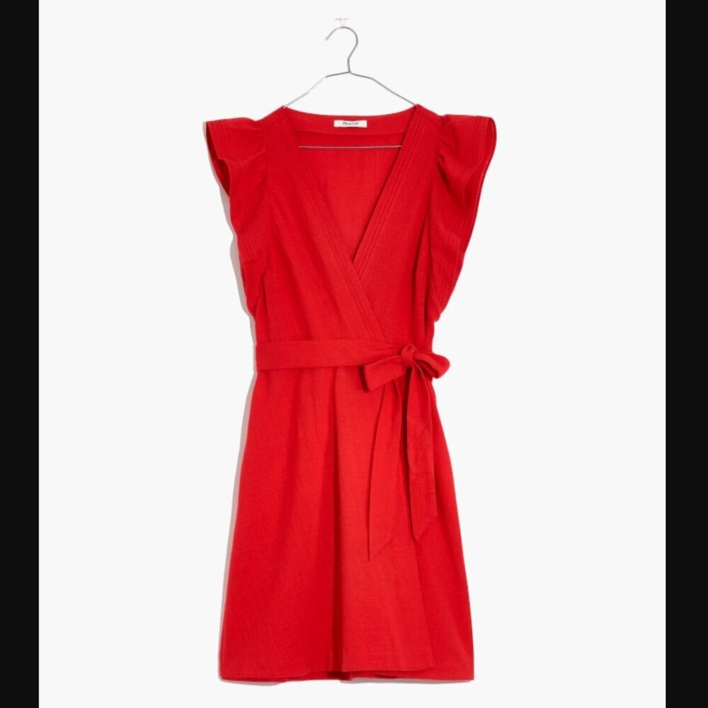 MADEWELL Red Mini Dress Ruffle-Sleeve Wrap 100% Cotton - Picture 7 of 14